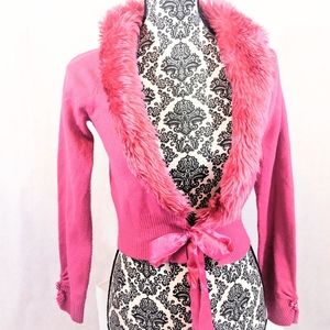 2/$20 Pink Fur Trim Cardigan with Ribbon Tie Sz M